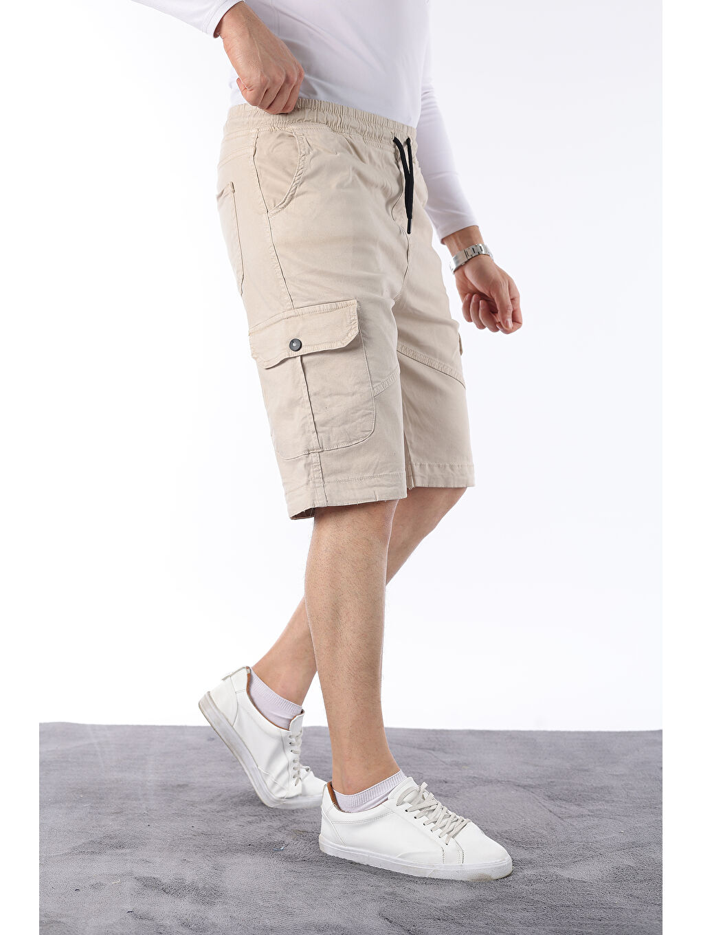 Bej Erkek Beli Lastikli Dikiş Detaylı Kargo Cep Kapri Şort-1