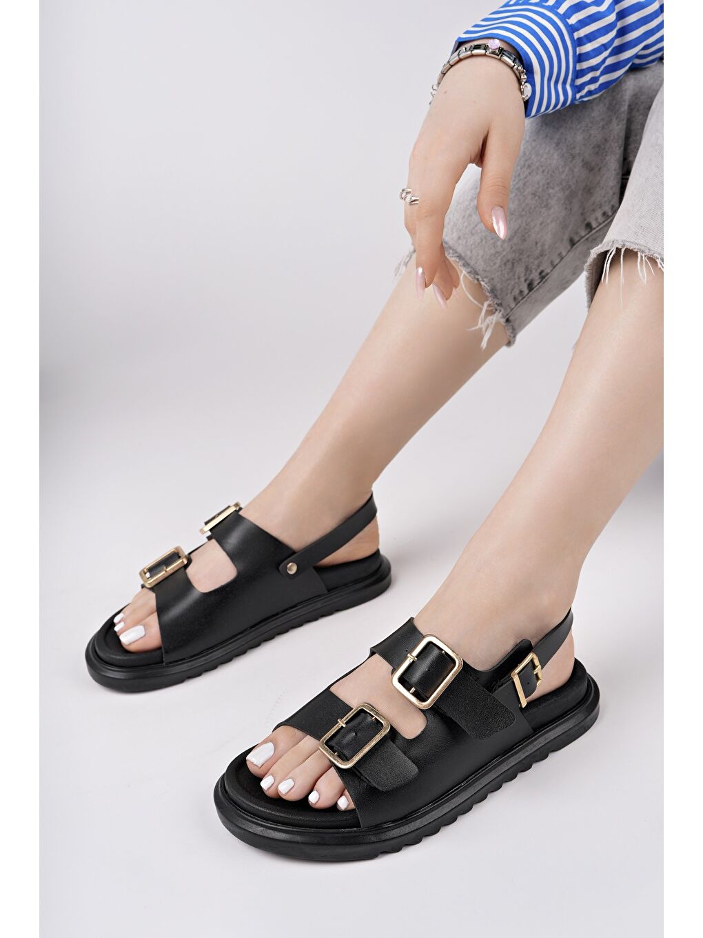 Siyah MEGGİE Çift Bantlı Ayarlanabilir Kemerli Günlük Kadın Sandalet