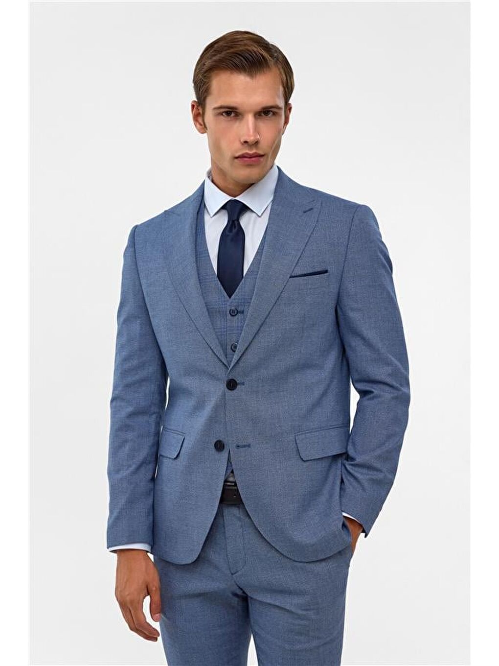 Buz Mavi Slim Armürlü Sivri Yaka 6 Drop Takım Elbise-1