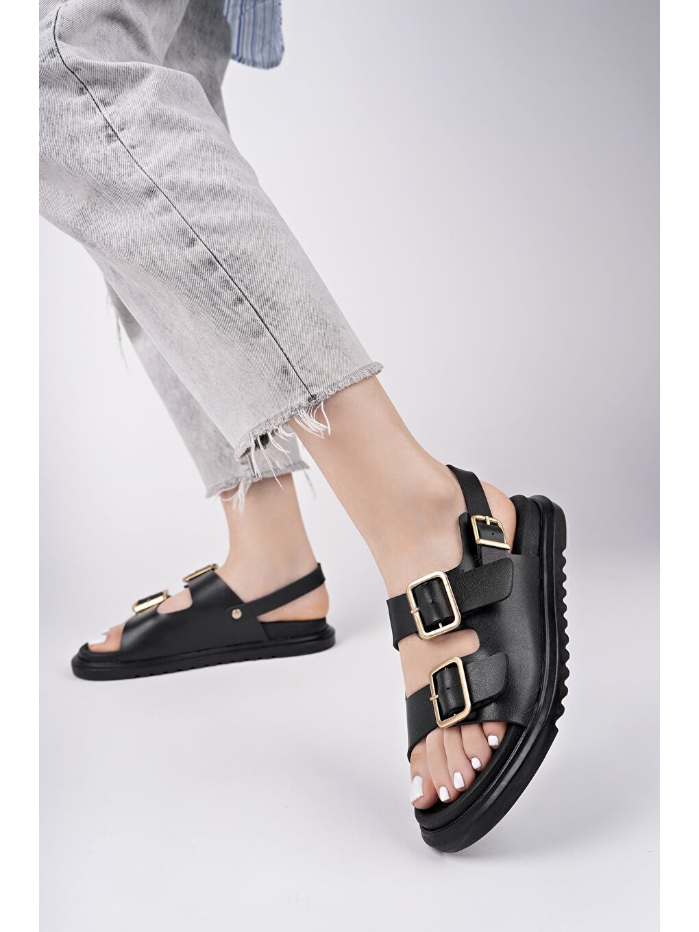 Siyah MEGGİE Çift Bantlı Ayarlanabilir Kemerli Günlük Kadın Sandalet-2