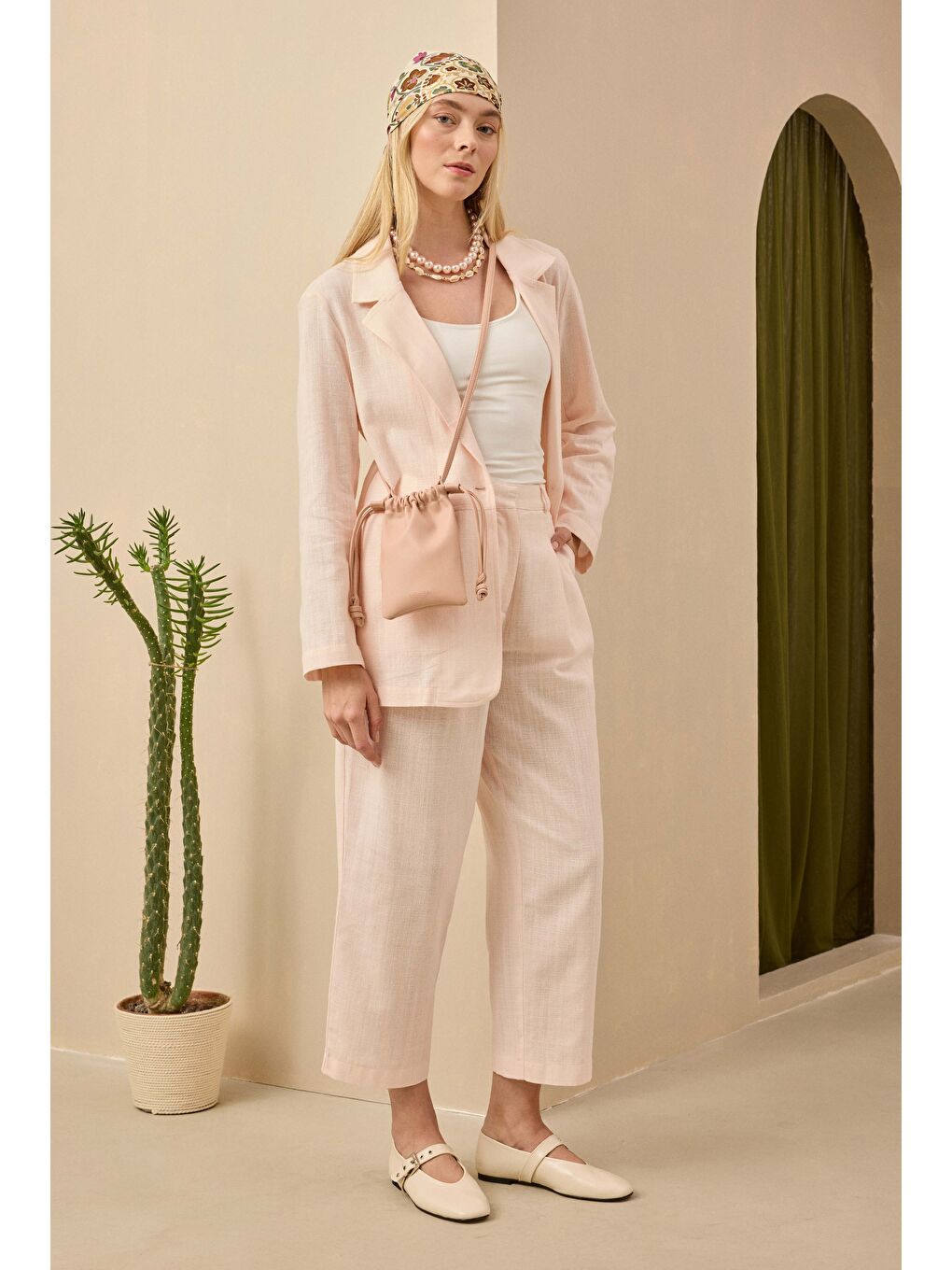 Çift Pileli Keten Pantolon Soft Pembe