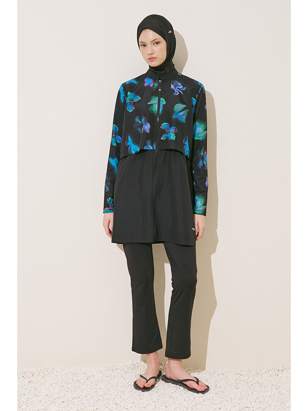 Mavi Fermuarlı 3'Lü Tesettür Mayo Takım Brush