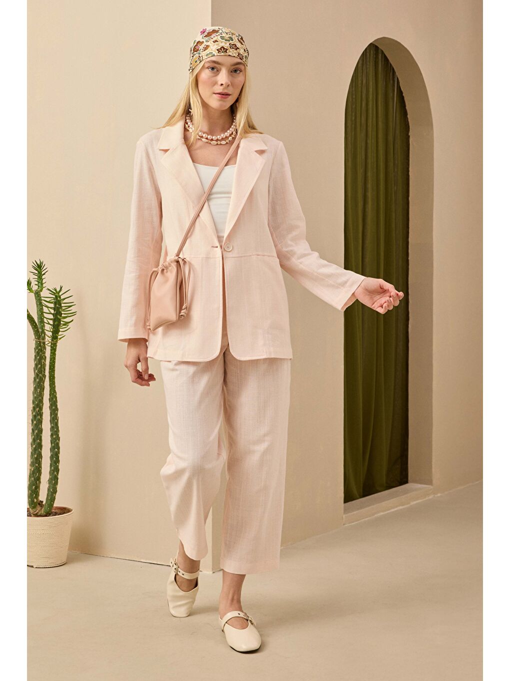 Çift Pileli Keten Pantolon Soft Pembe-1