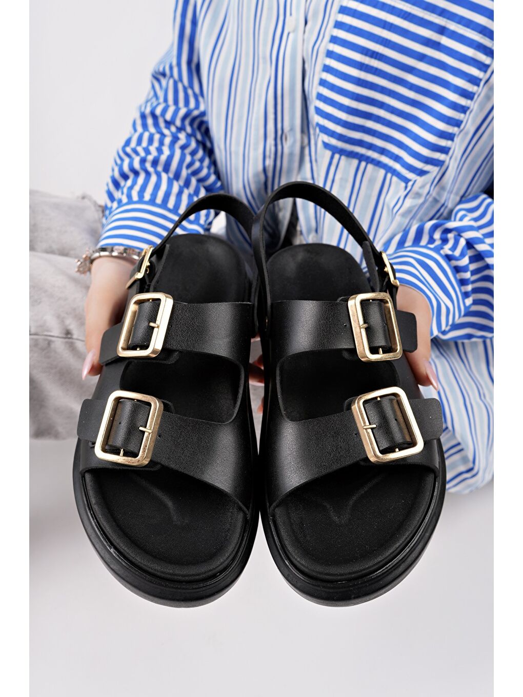 Siyah MEGGİE Çift Bantlı Ayarlanabilir Kemerli Günlük Kadın Sandalet-4