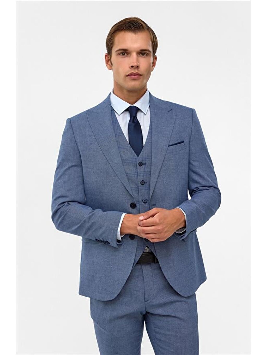 Buz Mavi Slim Armürlü Sivri Yaka 6 Drop Takım Elbise-2