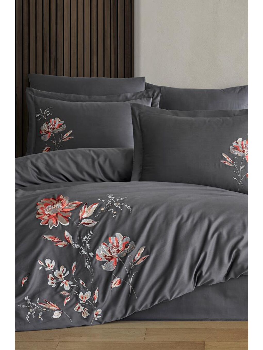 İmpero Nakışlı %100 Pamuk Saten Çift Kişilik Nevresim Takımı Antrasit