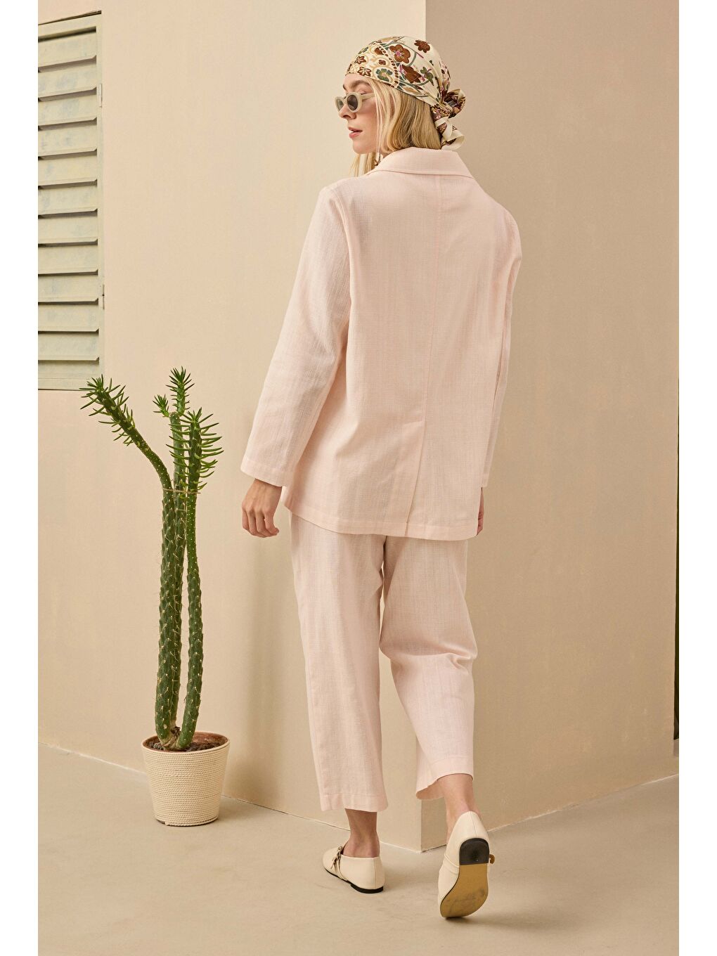 Çift Pileli Keten Pantolon Soft Pembe-2