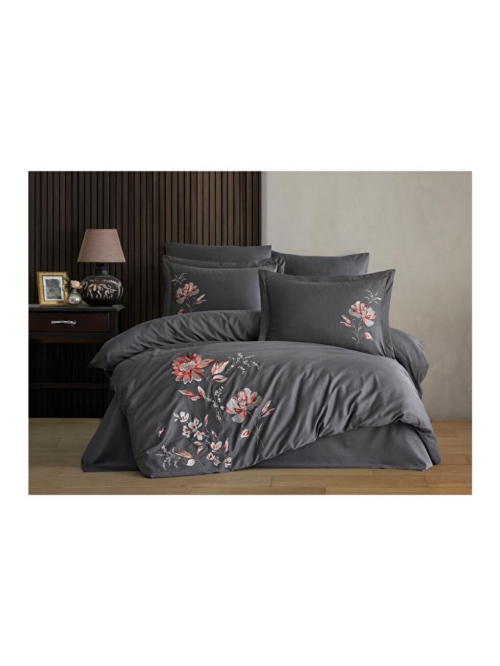 İmpero Nakışlı %100 Pamuk Saten Çift Kişilik Nevresim Takımı Antrasit-1