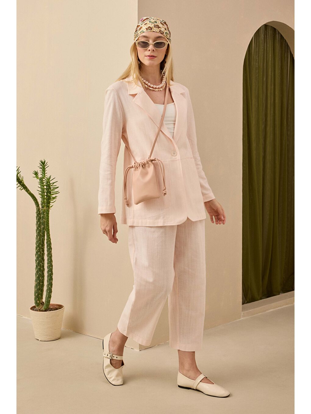 Çift Pileli Keten Pantolon Soft Pembe-3