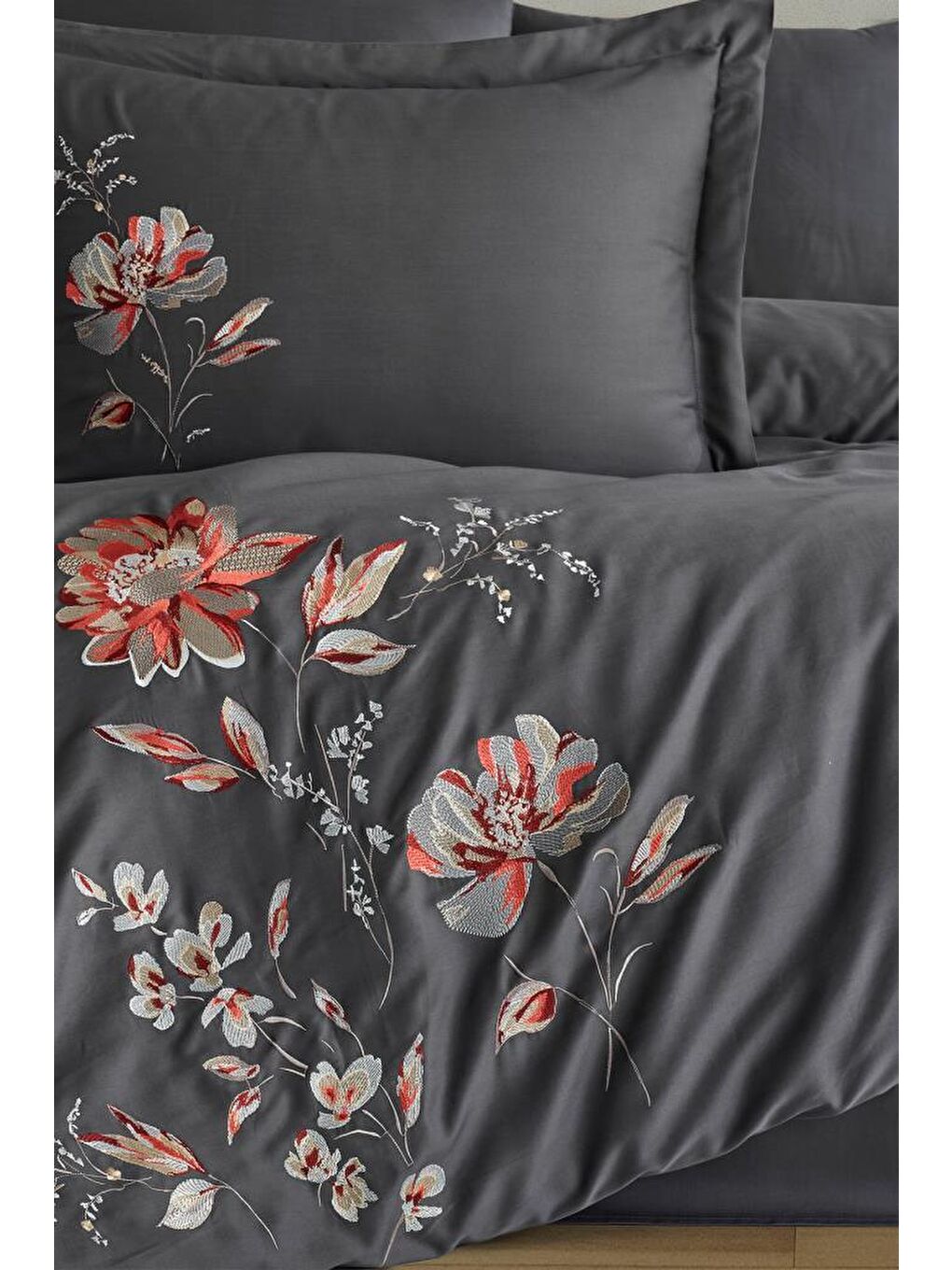 İmpero Nakışlı %100 Pamuk Saten Çift Kişilik Nevresim Takımı Antrasit-2