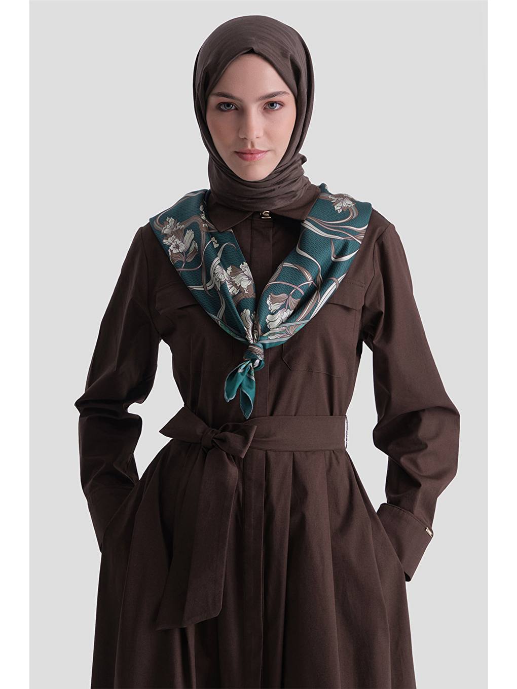 Cep Detaylı Poplin Elbise Kahverengi-2