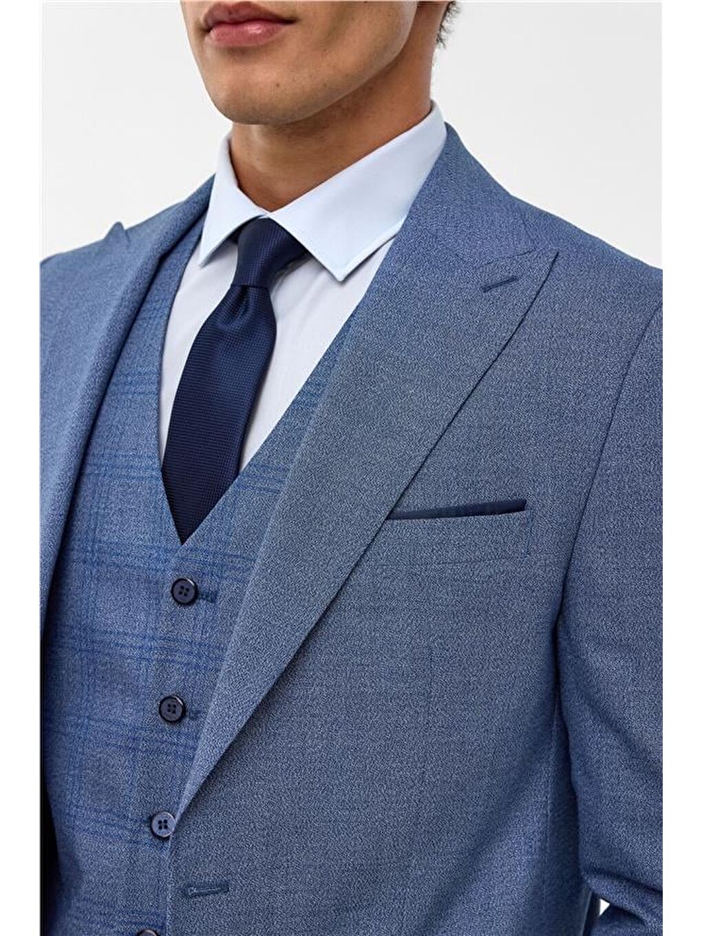 Buz Mavi Slim Armürlü Sivri Yaka 6 Drop Takım Elbise-4