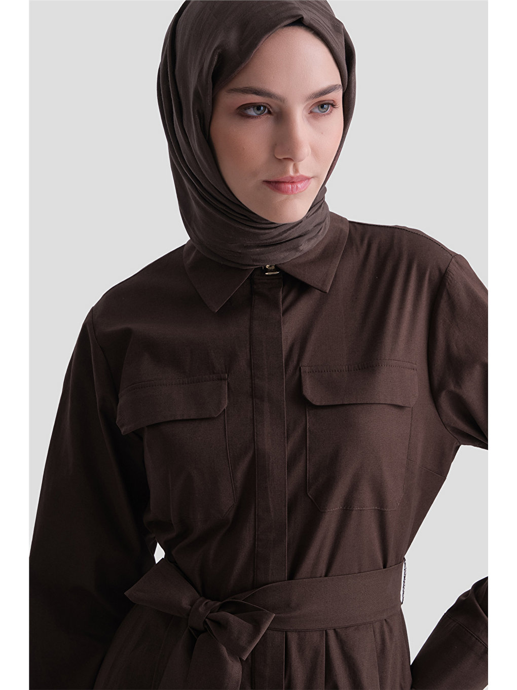Cep Detaylı Poplin Elbise Kahverengi-3