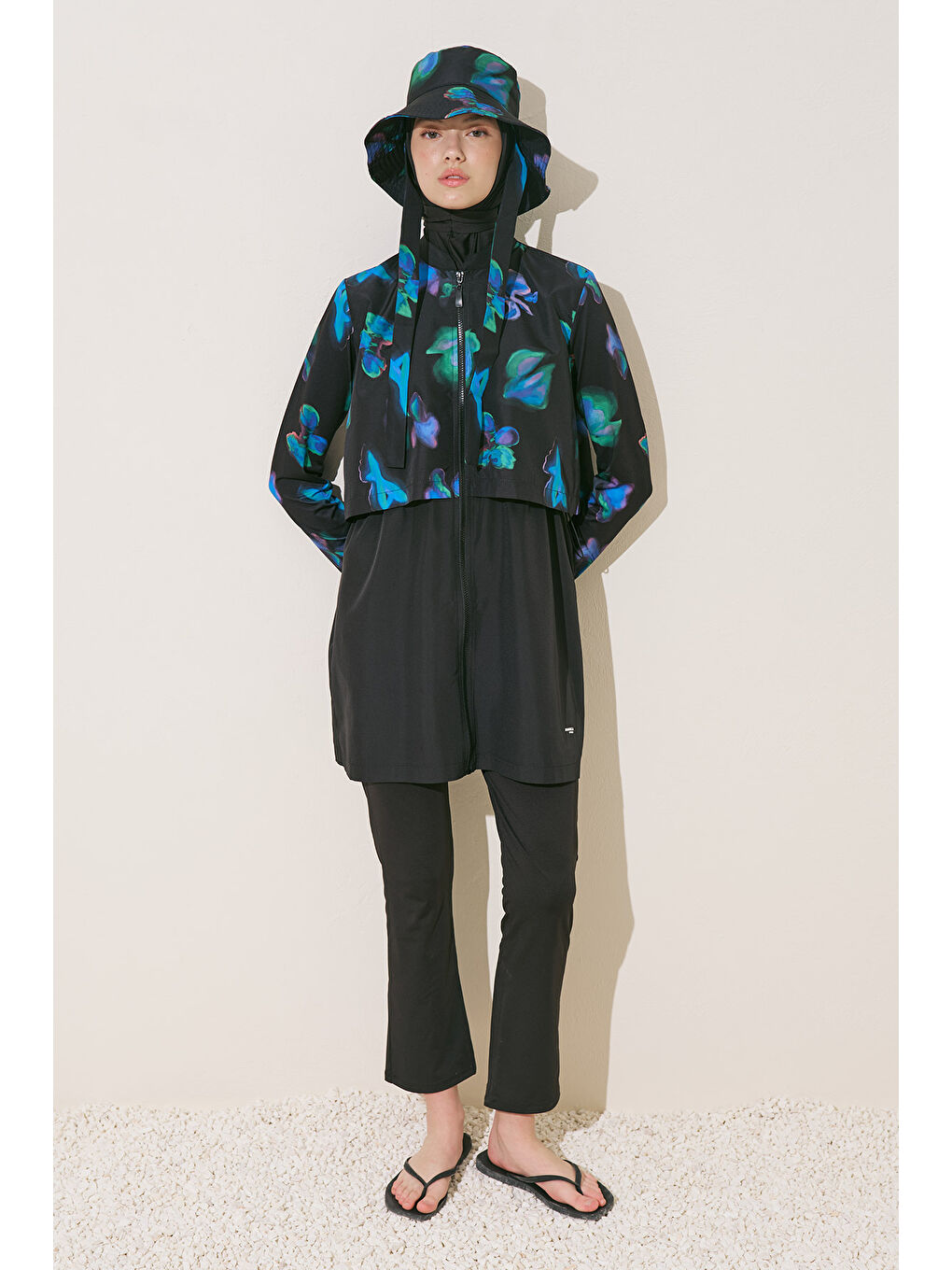 Mavi Fermuarlı 3'Lü Tesettür Mayo Takım Brush-1