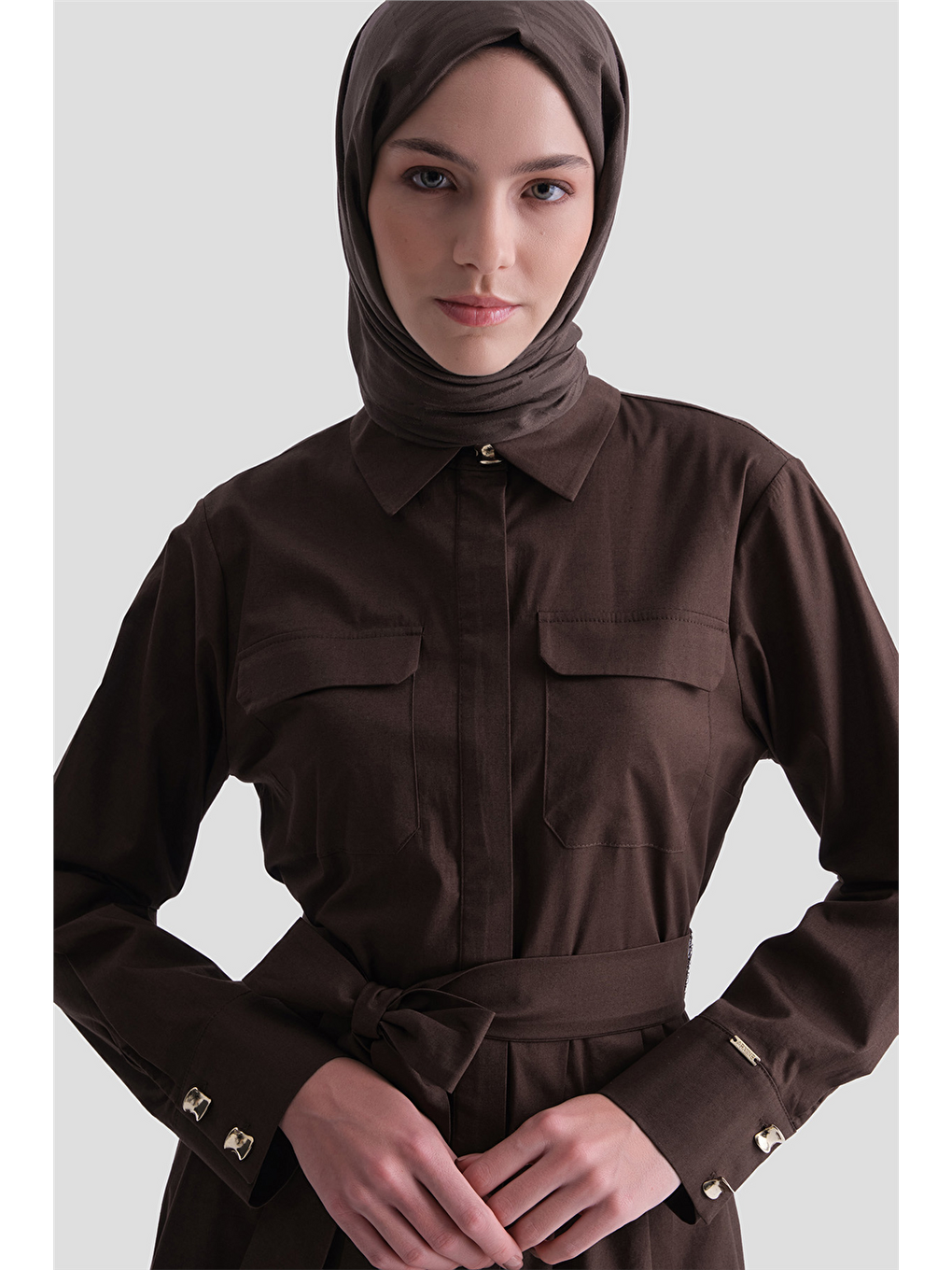 Cep Detaylı Poplin Elbise Kahverengi-4