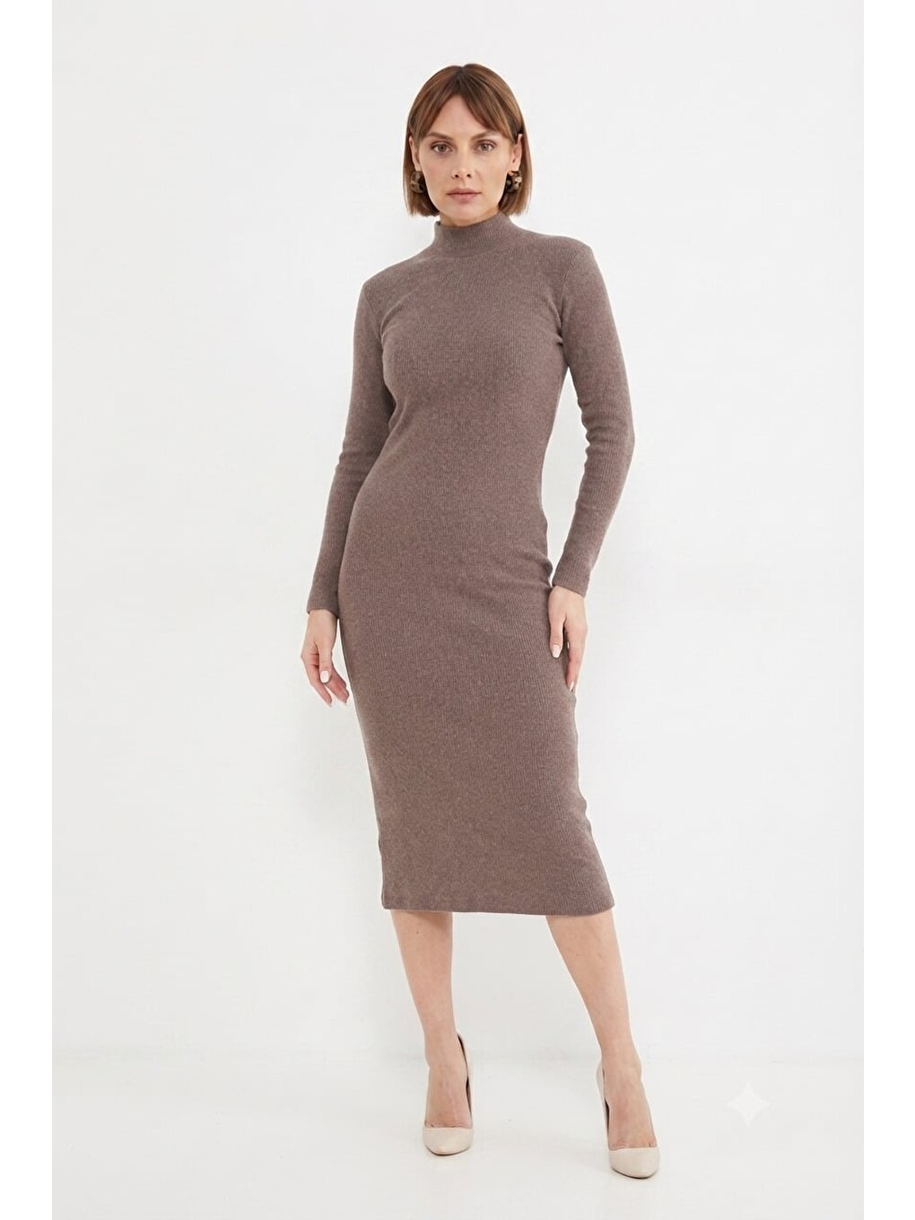 Kahverengi Dik Yaka Slim Fit Triko Elbise
