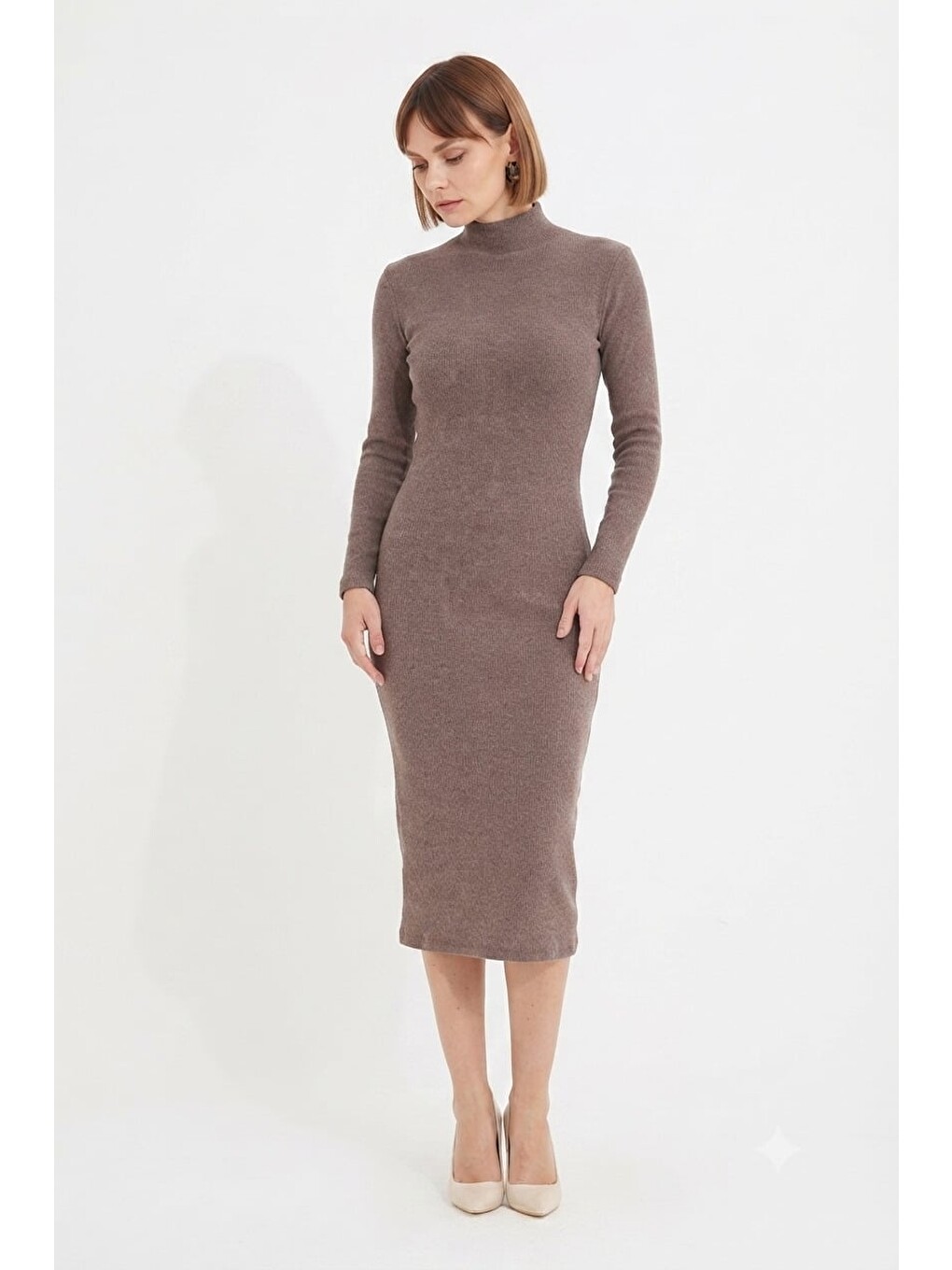 Kahverengi Dik Yaka Slim Fit Triko Elbise-1