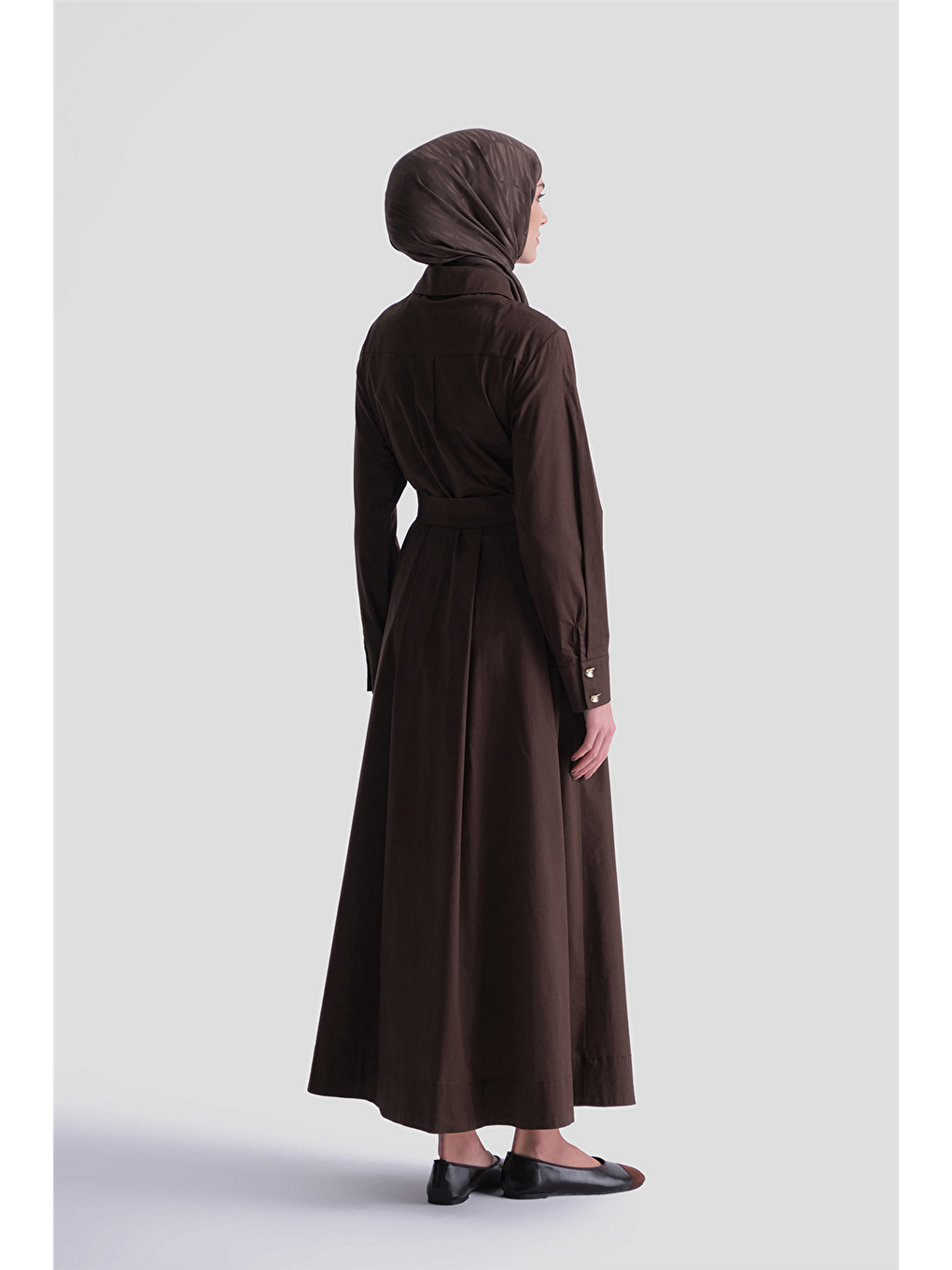 Cep Detaylı Poplin Elbise Kahverengi-5