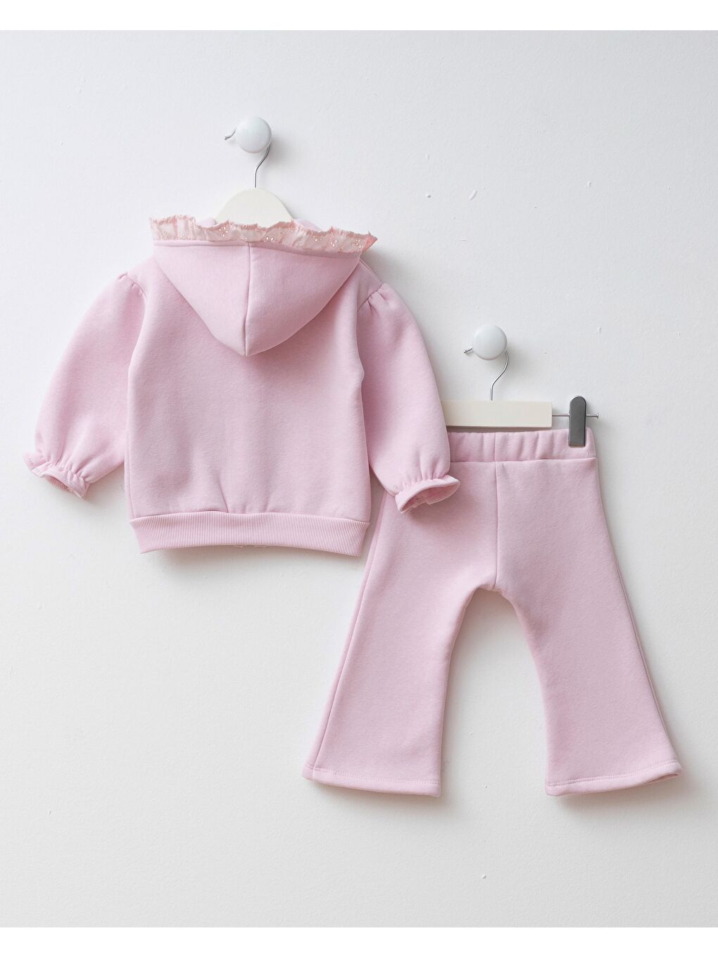 Kız Çocuk Pamuklu Pembe Kapüşonlu Kalp Desenli Sweatshirt İspanyol Paça Takım-1