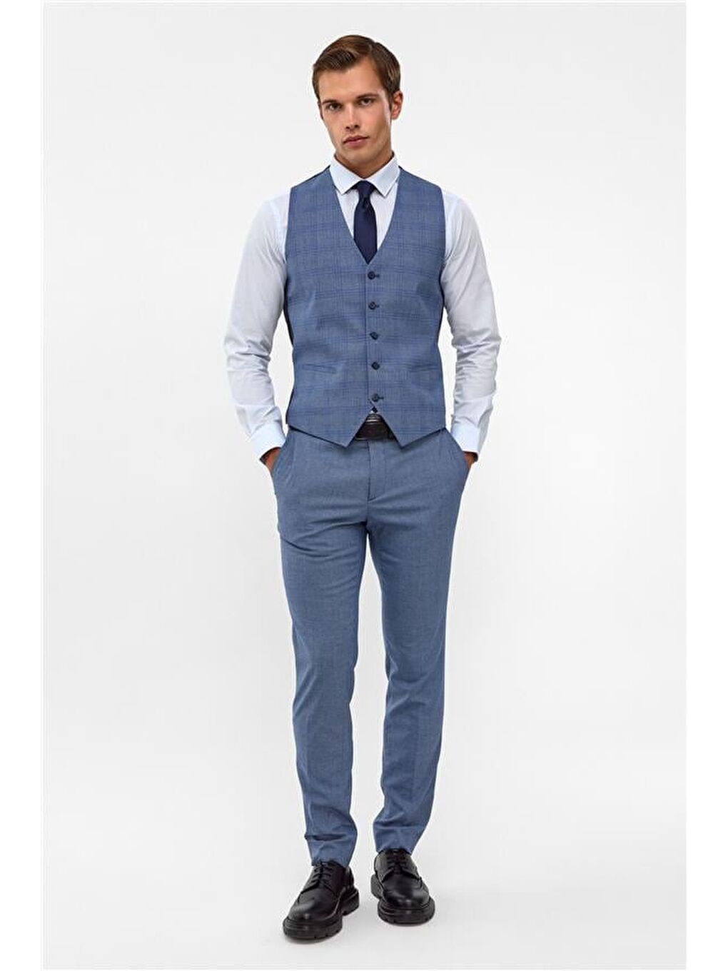 Buz Mavi Slim Armürlü Sivri Yaka 6 Drop Takım Elbise-6