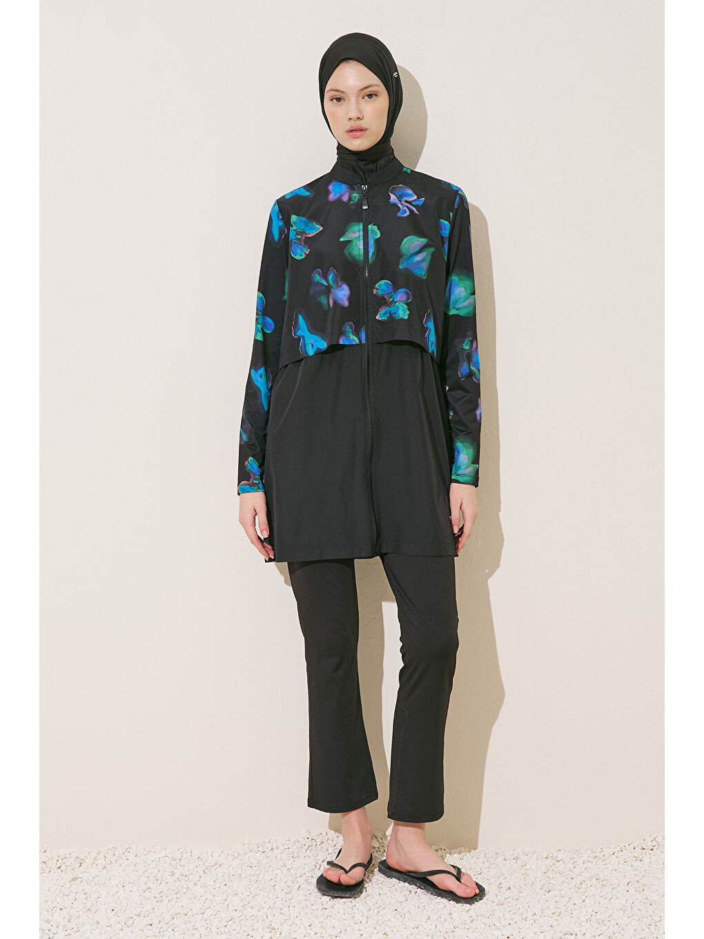 Mavi Fermuarlı 3'Lü Tesettür Mayo Takım Brush-3