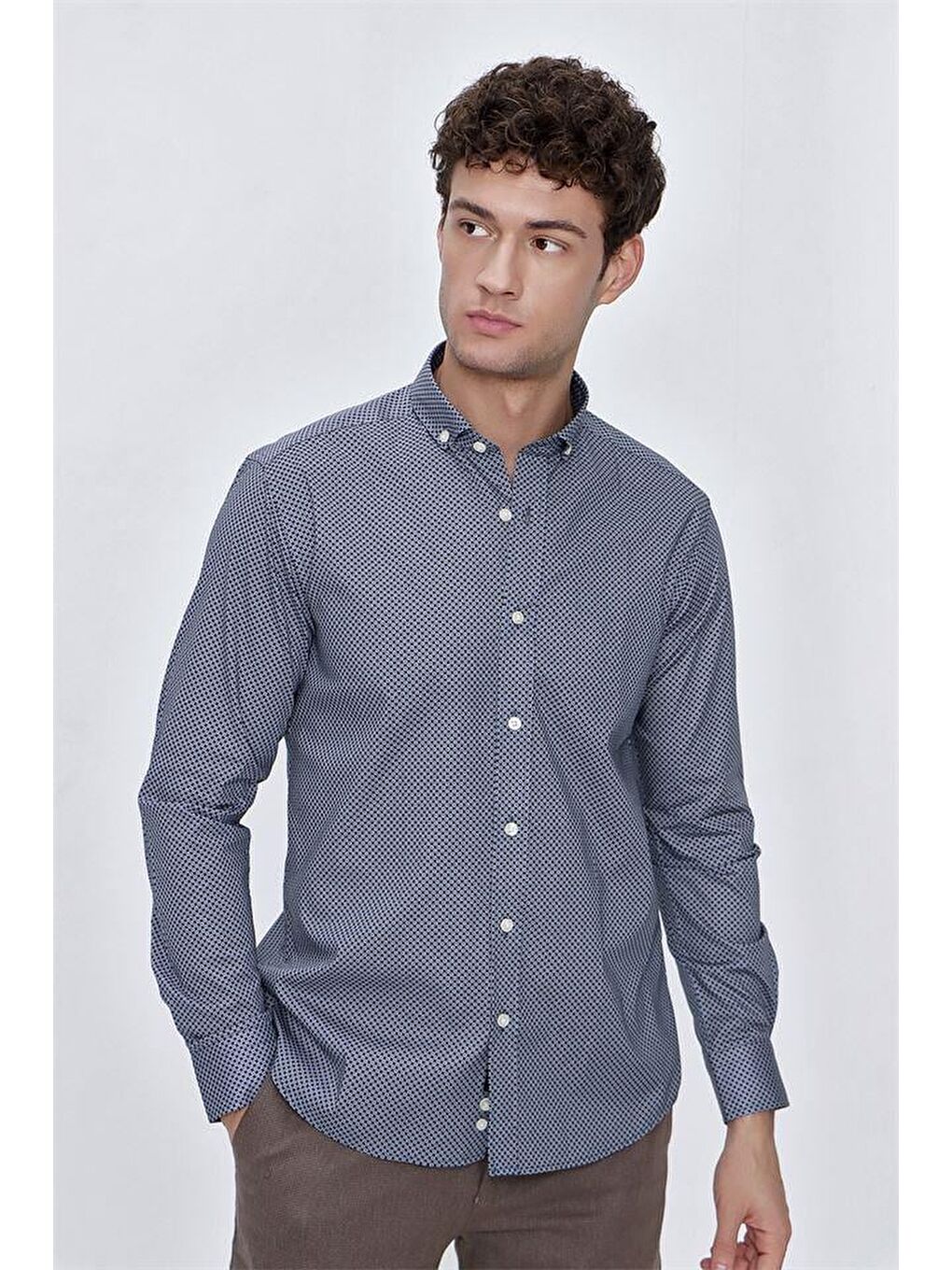 İndigo Mavi Uzun Kol Gömlek Yaka Klasik Slim Fit Pamuklu Elastanlı Gömlek 1004225207-6