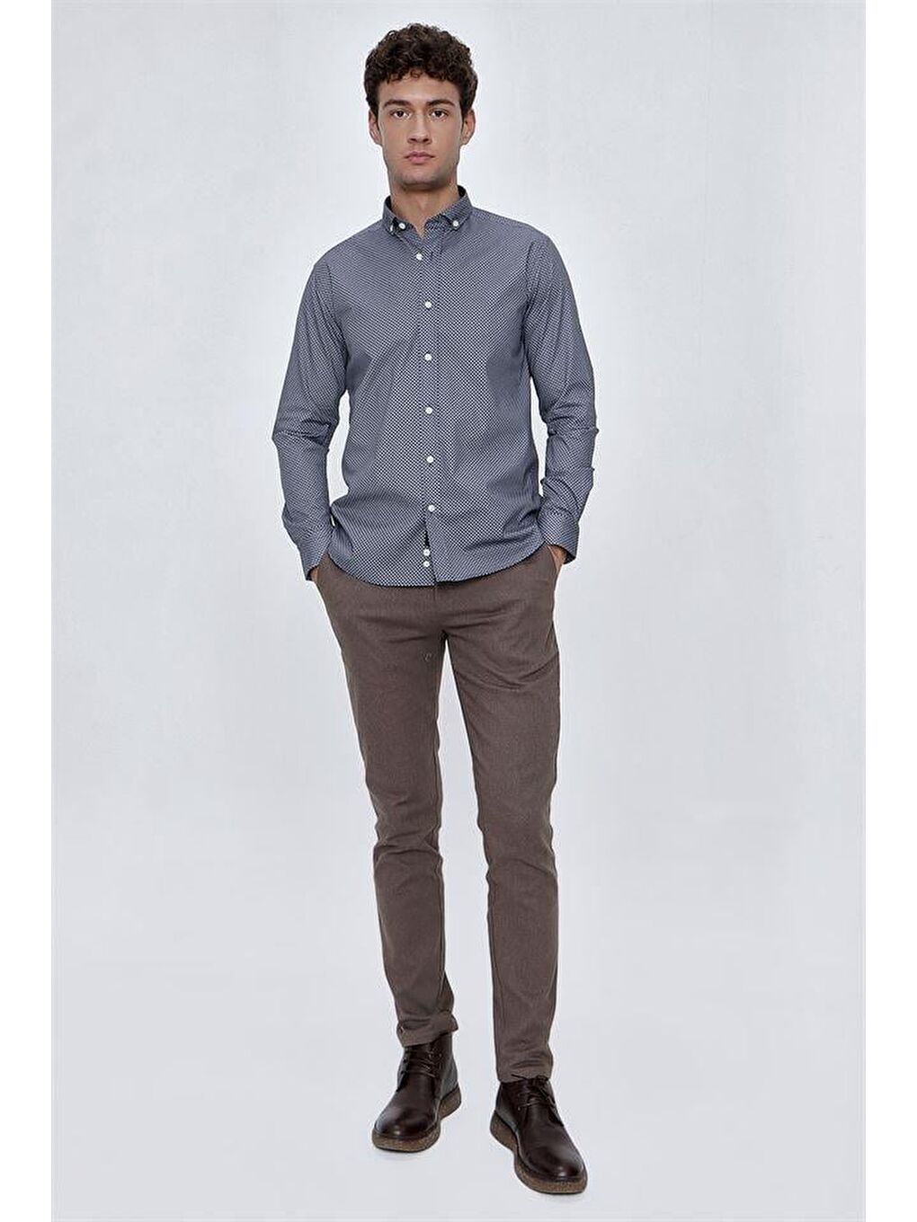 İndigo Mavi Uzun Kol Gömlek Yaka Klasik Slim Fit Pamuklu Elastanlı Gömlek 1004225207-5