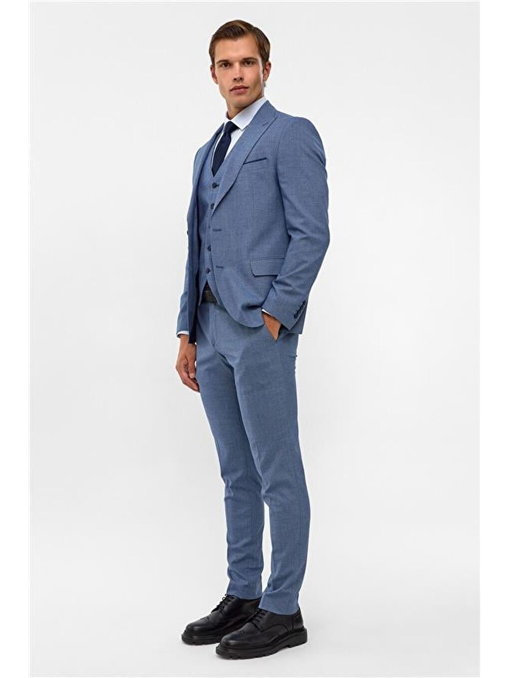 Buz Mavi Slim Armürlü Sivri Yaka 6 Drop Takım Elbise-7