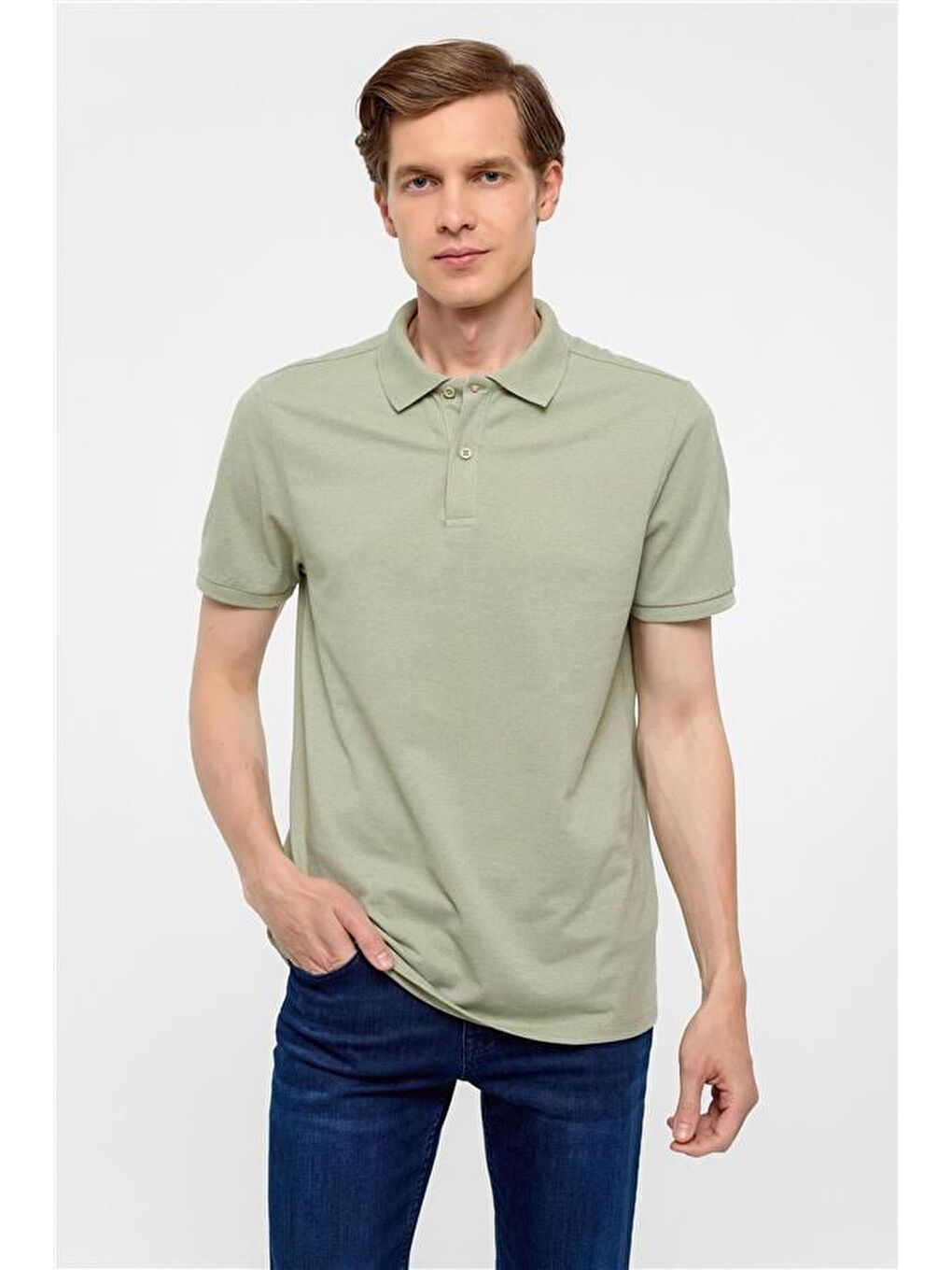 Haki Regular Armürlü Polo Yaka Tişört-1