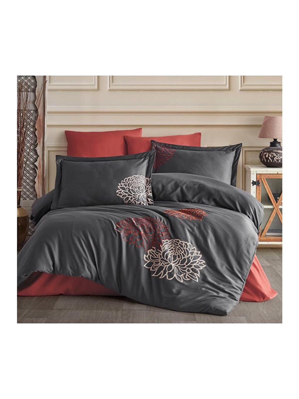 Siena Nakışlı %100 Pamuk Saten Çift Kişilik Nevresim Takımı Antrasit-1