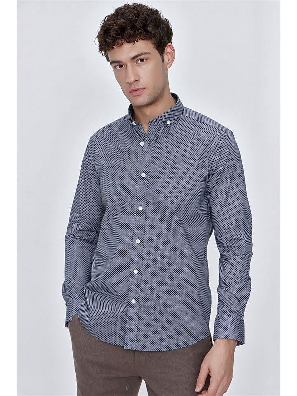 İndigo Mavi Uzun Kol Gömlek Yaka Klasik Slim Fit Pamuklu Elastanlı Gömlek 1004225207-4