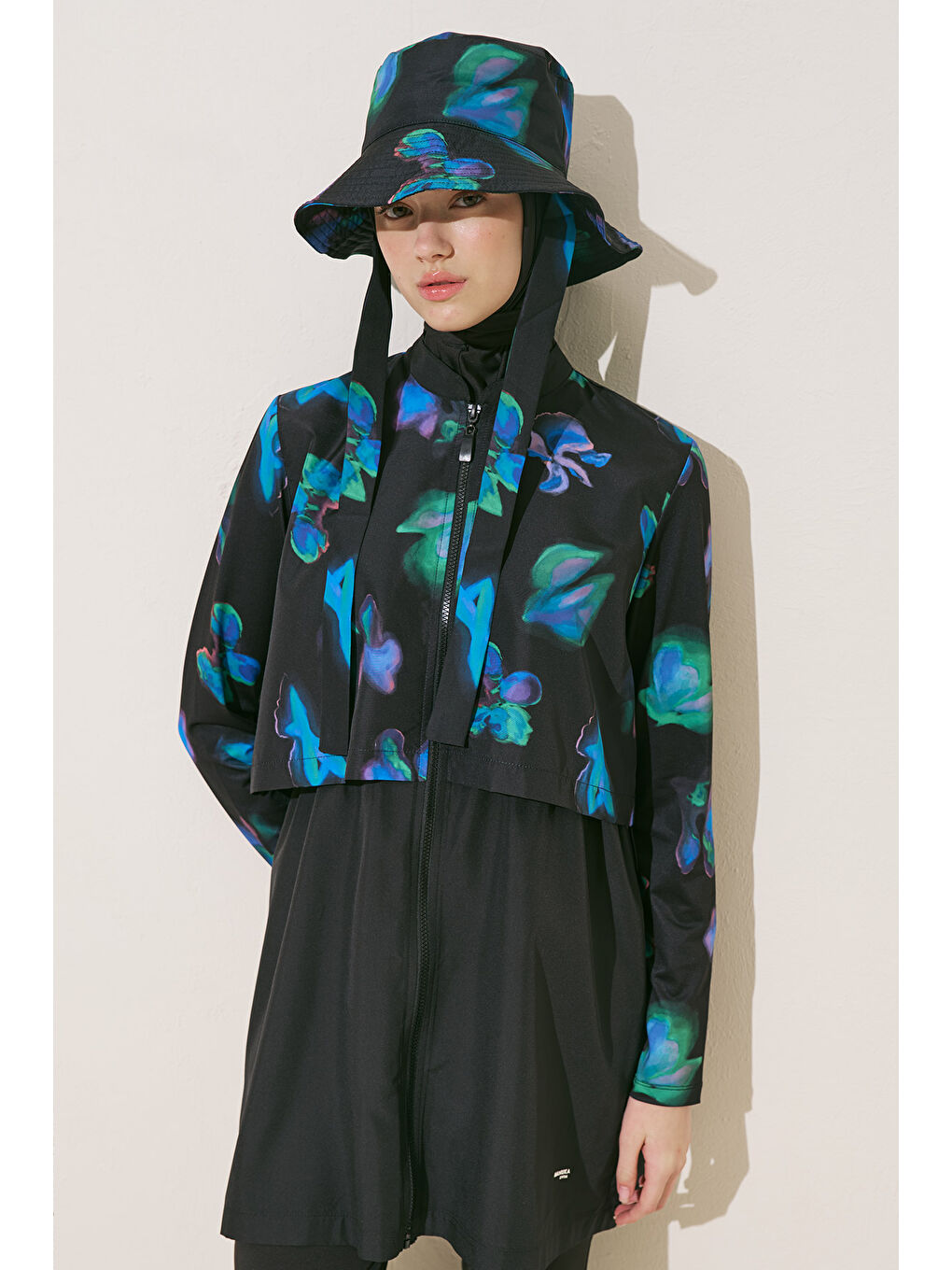 Mavi Fermuarlı 3'Lü Tesettür Mayo Takım Brush-4