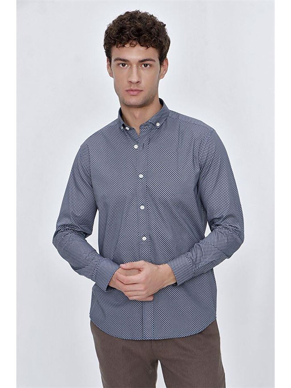 İndigo Mavi Uzun Kol Gömlek Yaka Klasik Slim Fit Pamuklu Elastanlı Gömlek 1004225207-3