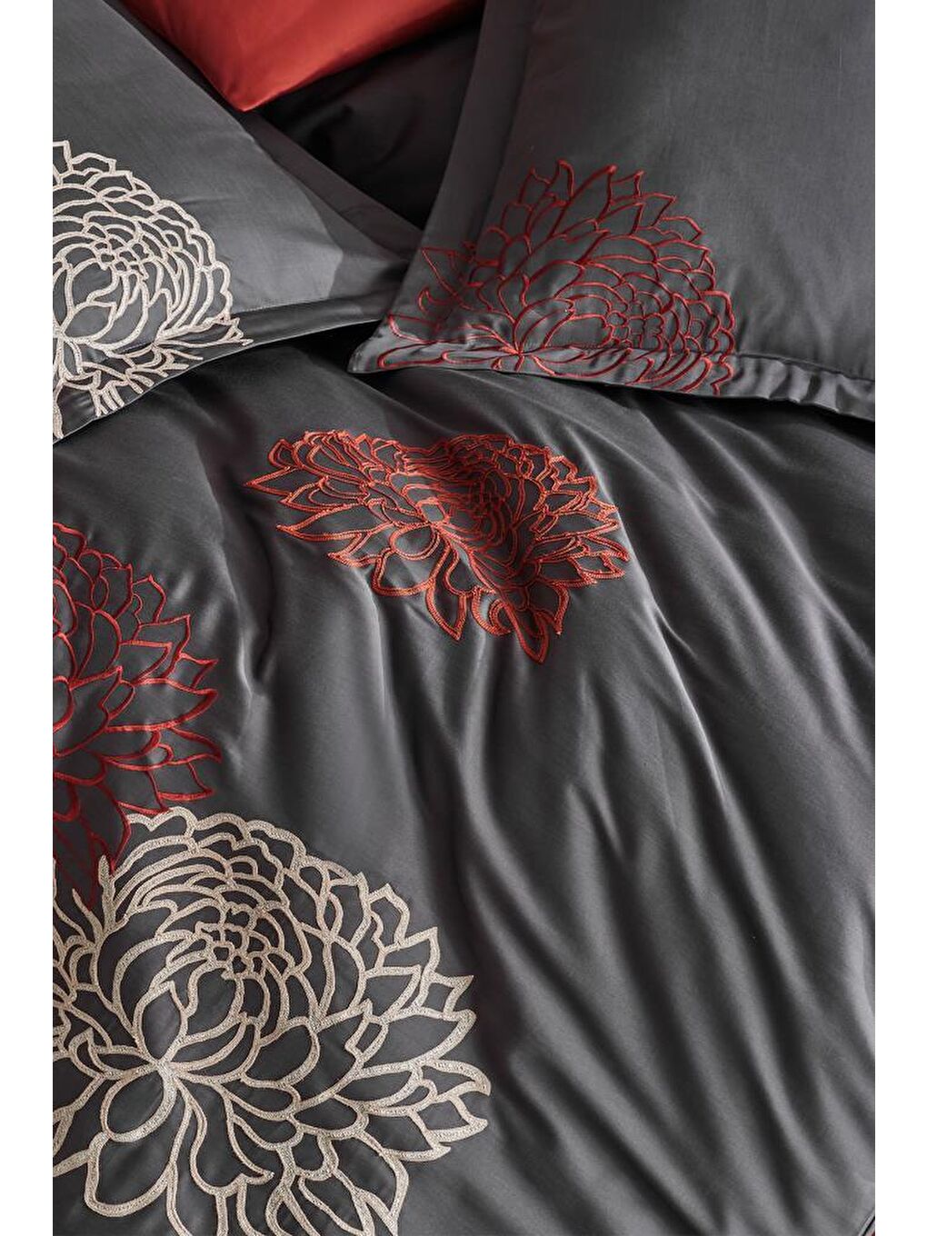 Siena Nakışlı %100 Pamuk Saten Çift Kişilik Nevresim Takımı Antrasit-2