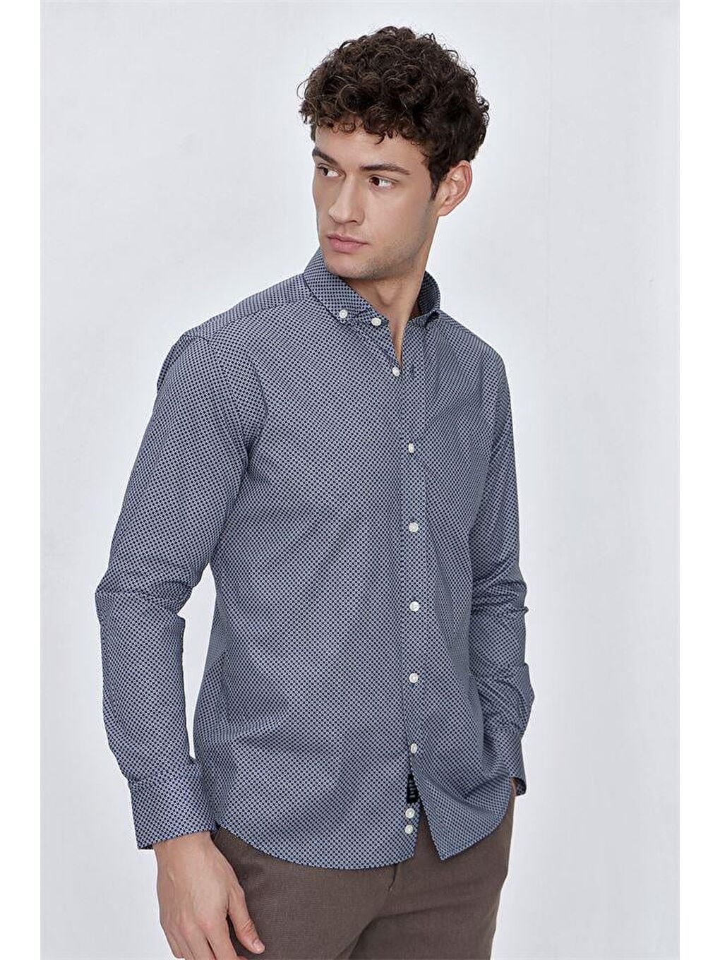 İndigo Mavi Uzun Kol Gömlek Yaka Klasik Slim Fit Pamuklu Elastanlı Gömlek 1004225207-2