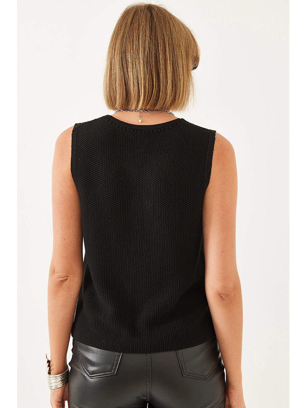 Siyah Kadın Önden Bağlamalı Triko Yelek-5