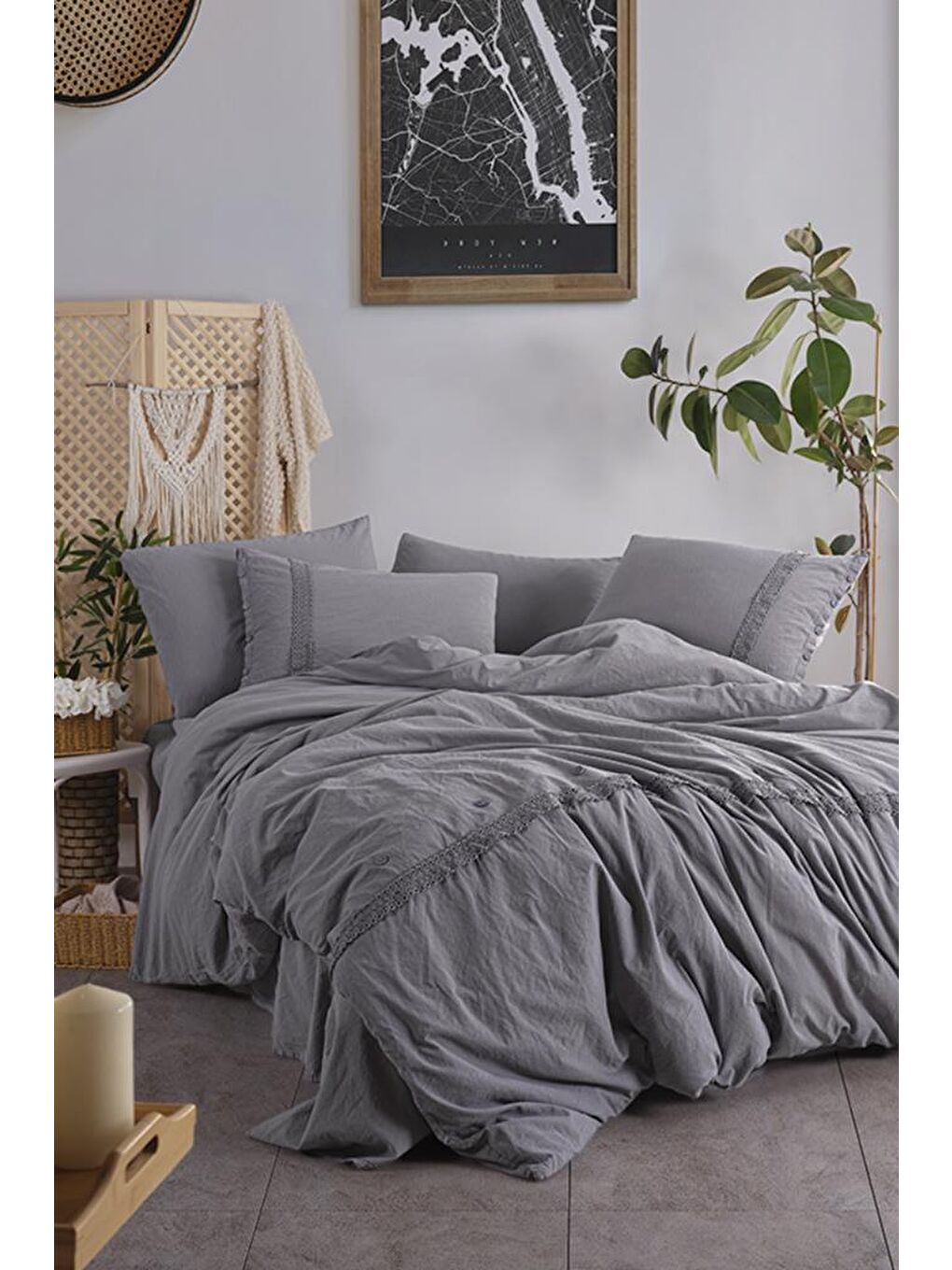 Grace 6 Parça %100 Pamuk Çift Kişilik Nevresim Takımı Antrasit