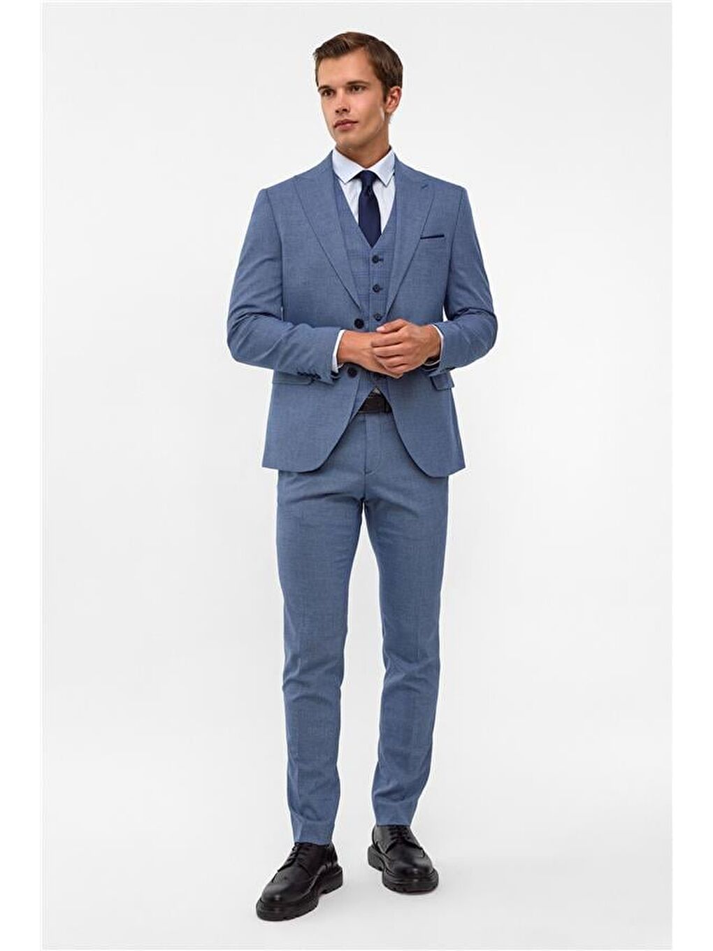 Buz Mavi Slim Armürlü Sivri Yaka 6 Drop Takım Elbise-9