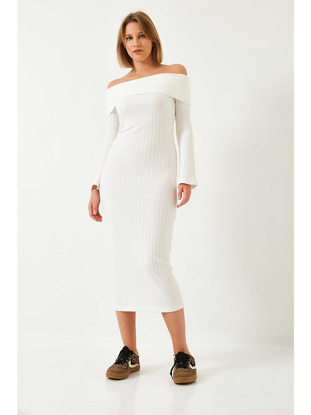 Beyaz Kadın Madonna Yaka İspanyol Kol Fitilli Elbise-1