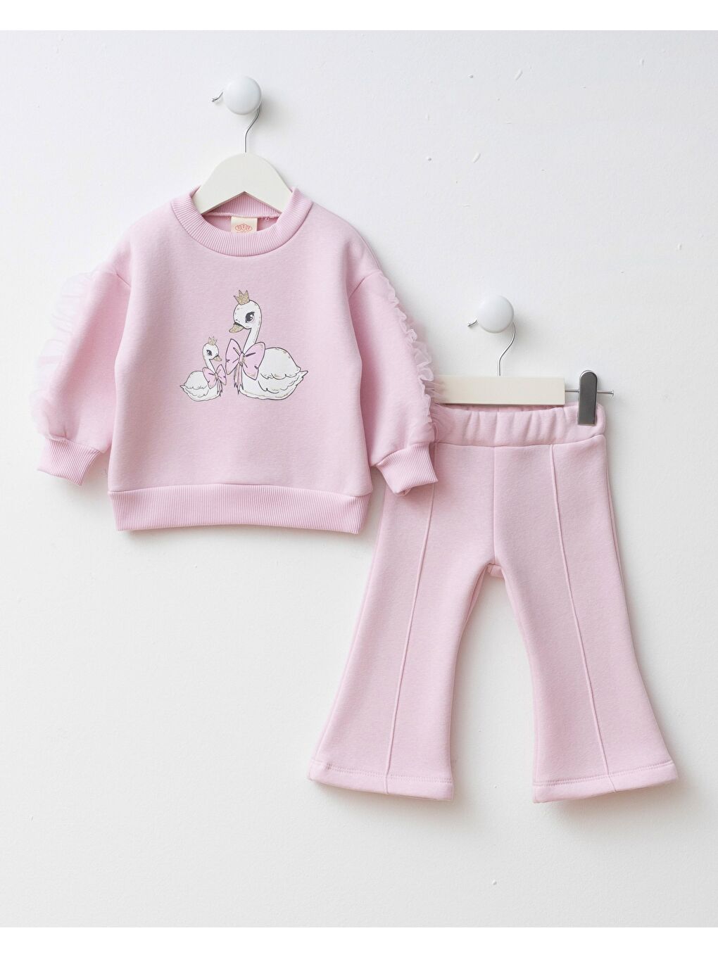 Kız Çocuk Pamuklu Pembe Kuğu Baskılı Sweatshirt İspanyol Paça Takım – Tül Kollu