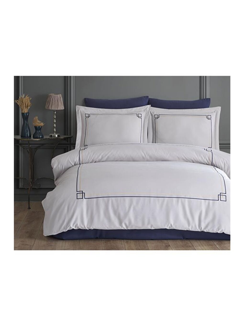 Karışık Poem Nakışlı %100 Pamuk Saten Çift Kişilik Nevresim Takımı Gri - Lacivert-1