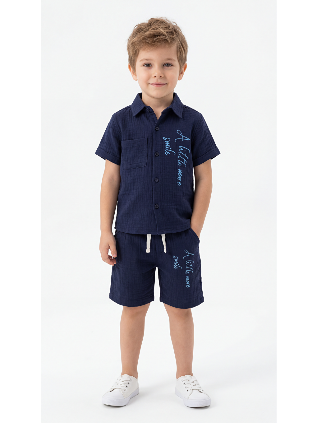 Lacivert A Little More Smile Baskılı Cep Detaylı Erkek Çocuk Gömlek & Şort Takımı
