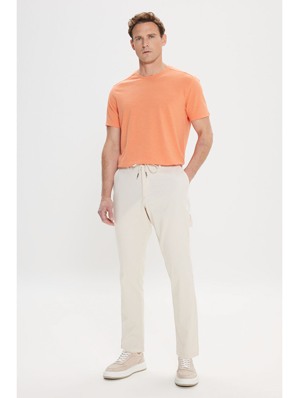 Erkek Turuncu Slim Fit Dar Kesim Pamuklu Bisiklet Yaka Tişört-1