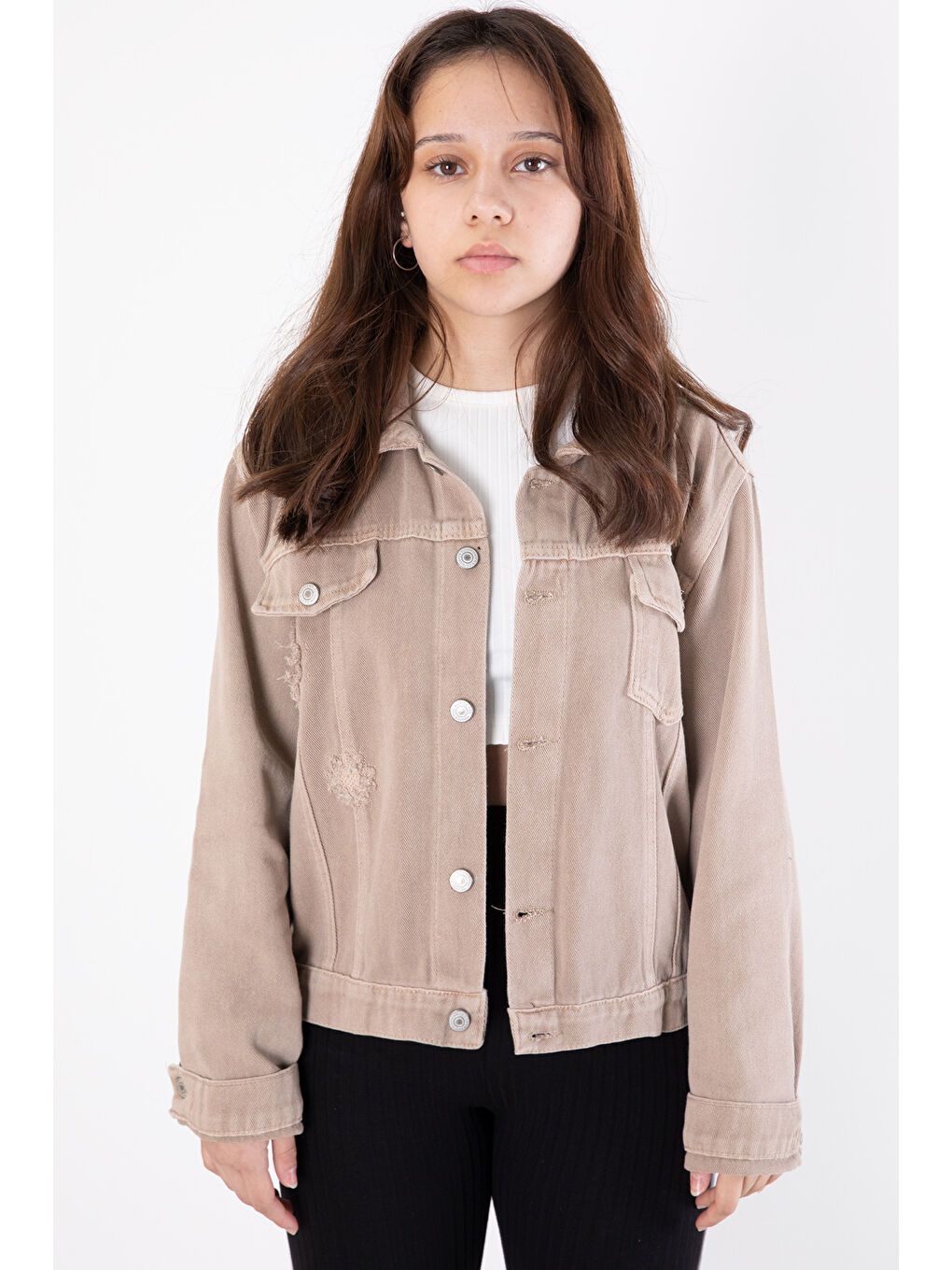 Bej Ön Cepli Nakış Detaylı Kız Çocuk Jean Ceket 20359-2