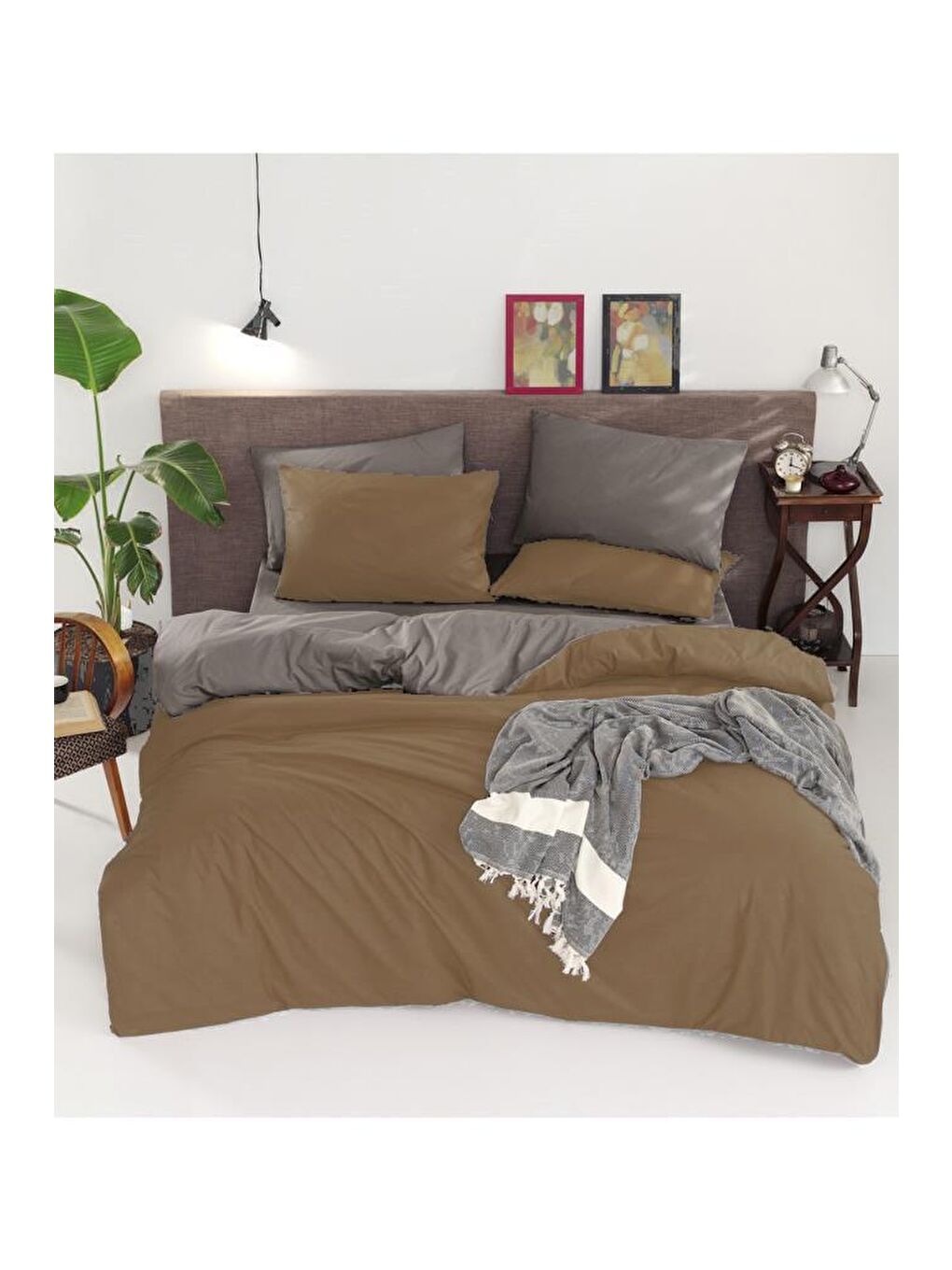 Karışık Natural Çift Taraflı Çift Kişilik Nevresim Takımı Kahve Gri