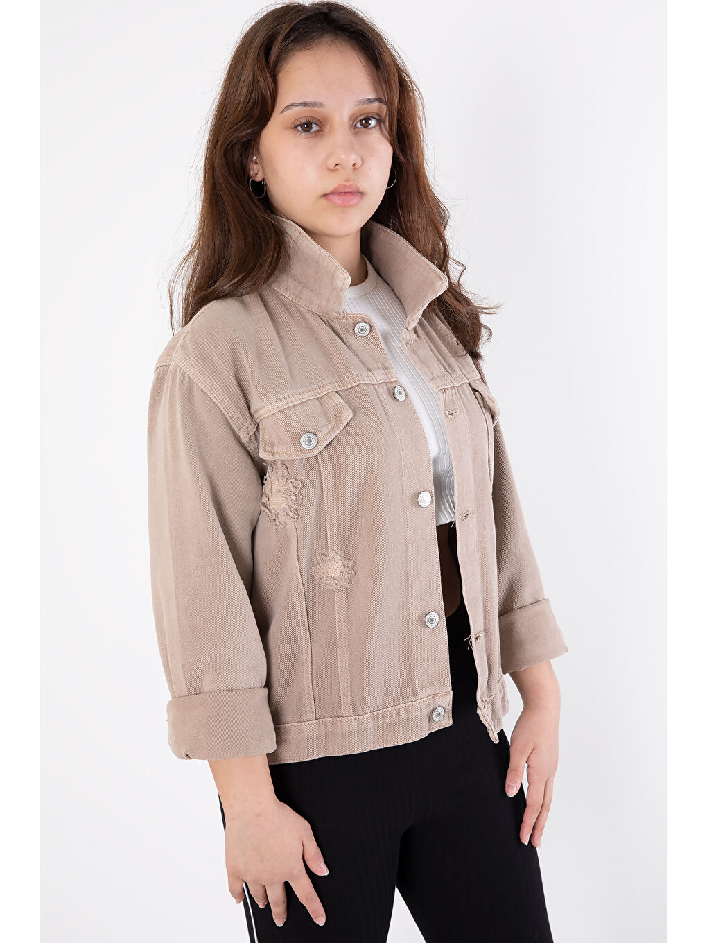 Bej Ön Cepli Nakış Detaylı Kız Çocuk Jean Ceket 20359-3