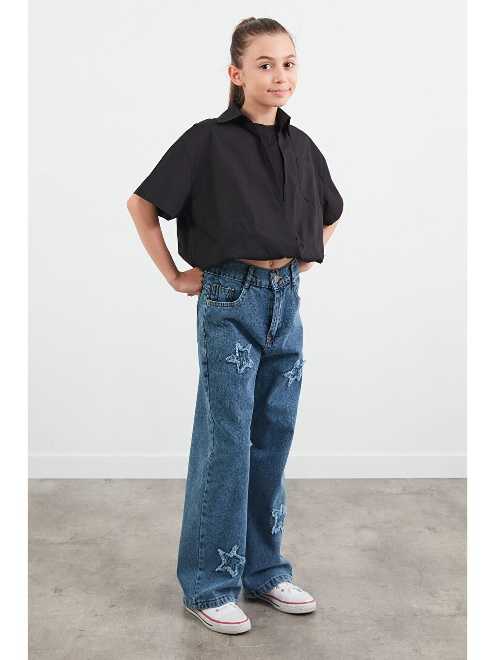 Mavi Yıldız Nakışlı Kız Çocuk Pantolon-1