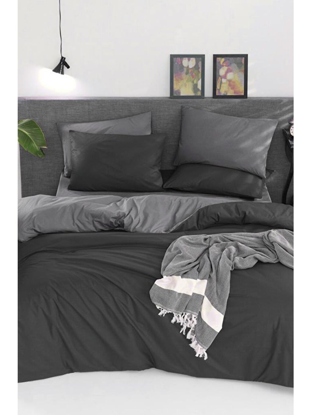 Karışık Natural Çift Taraflı Çift Kişilik Nevresim Takımı Füme Gri