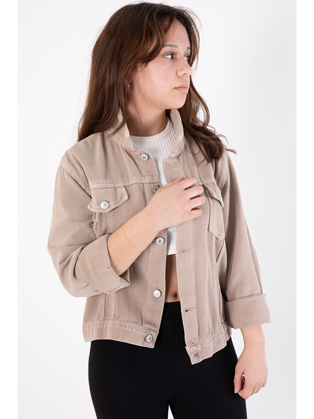 Bej Ön Cepli Nakış Detaylı Kız Çocuk Jean Ceket 20359-4