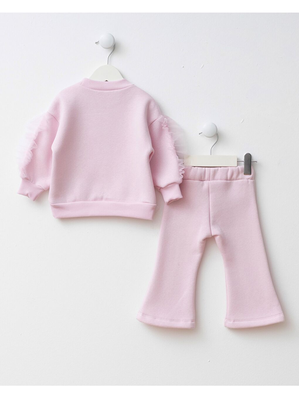 Kız Çocuk Pamuklu Pembe Kuğu Baskılı Sweatshirt İspanyol Paça Takım – Tül Kollu-1